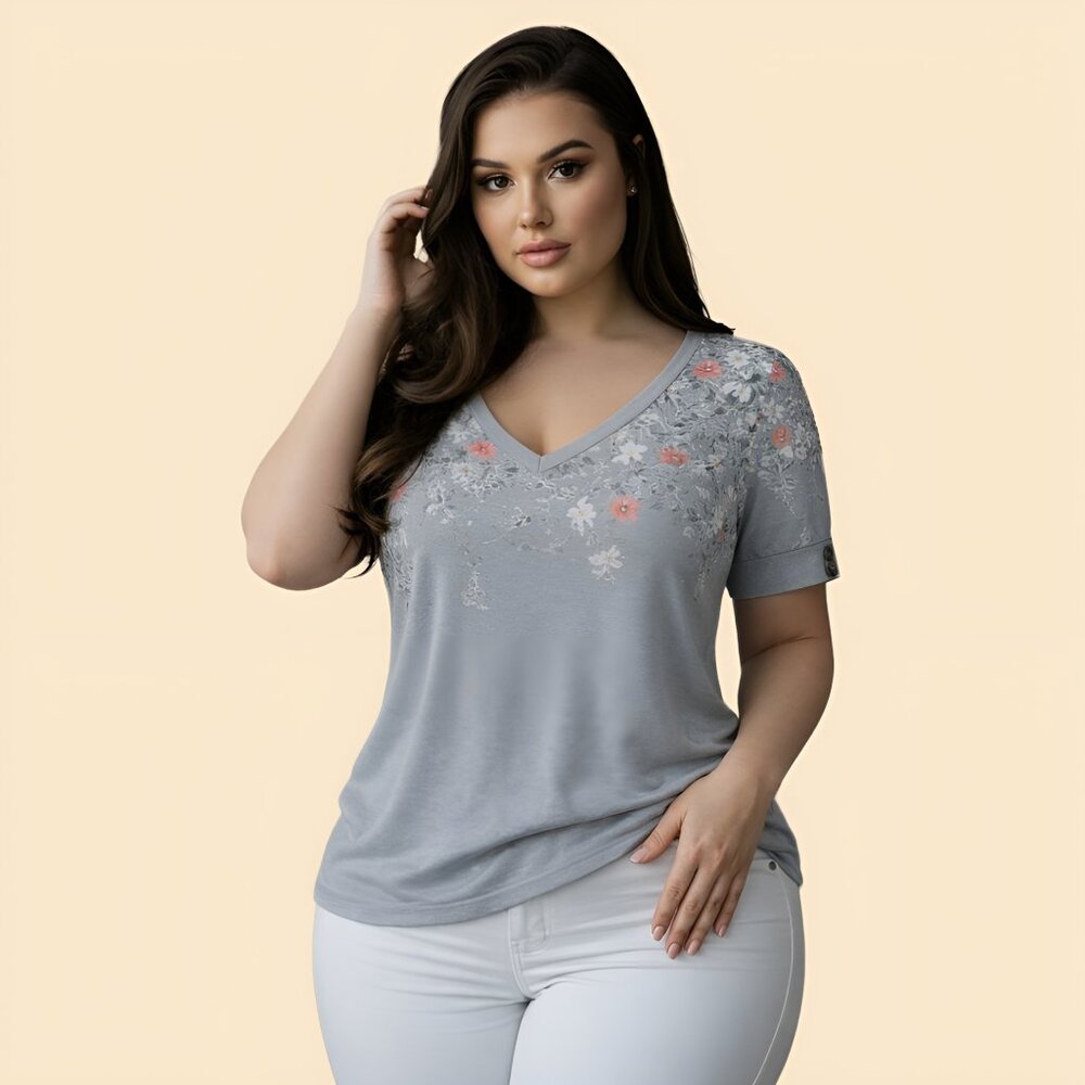 Women's Tops Short Sleeve Shirt, V Neck, Dressy Casual, GREY, Size 2XL - Picture 3 of 5